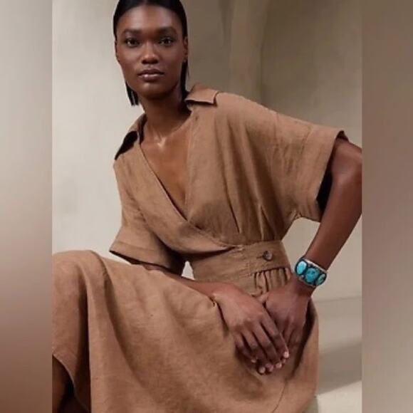 Banana Republic Sedona Linen Dress Midi Faux Wrap Collared Pockets Women’s XL - Picture 6 of 12